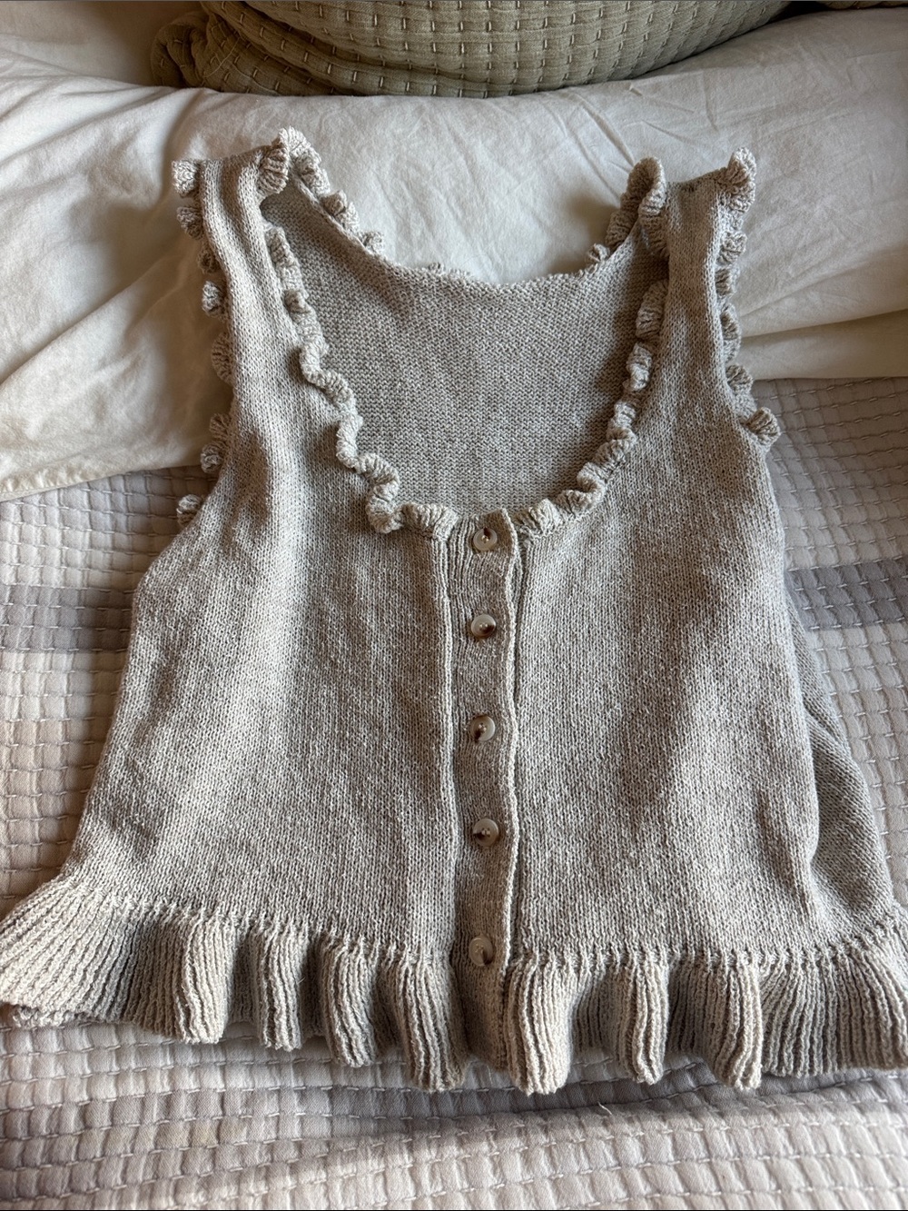 Ruffled Knit Button-Front Tank - Neutral Beige